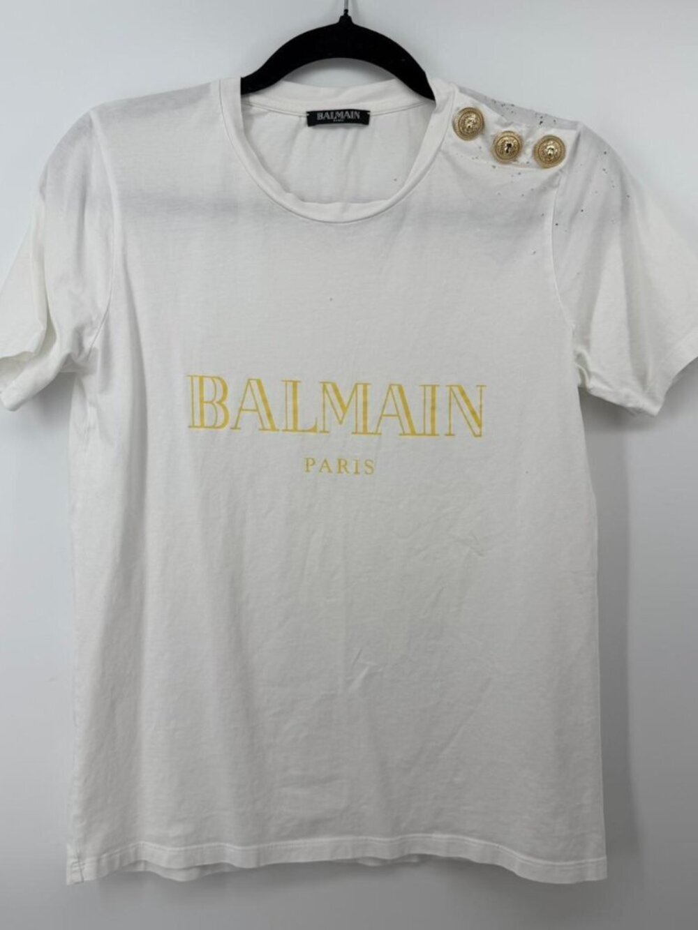 Authentic BALMAIN Paris Distressed Logo T-Shirt Gold Lion Buttons White FR 38 US